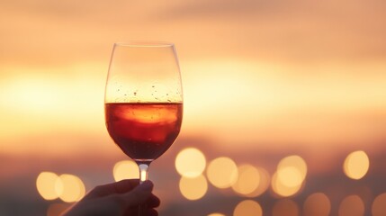 Hand holding wine at sunset