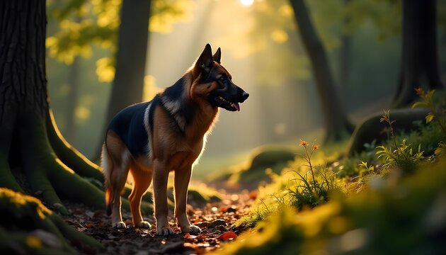German Shepherd Dog Standing in Lush Green Forest with Soft Sunlight - Powered by Adobe