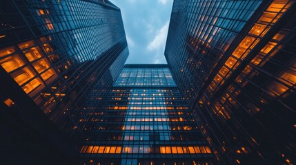 Perspective of towering corporate buildings reaching to sky during twilight