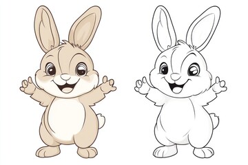 Fototapeta premium Adorable bunny rabbit illustrations, perfect for coloring. One colored, one outlined