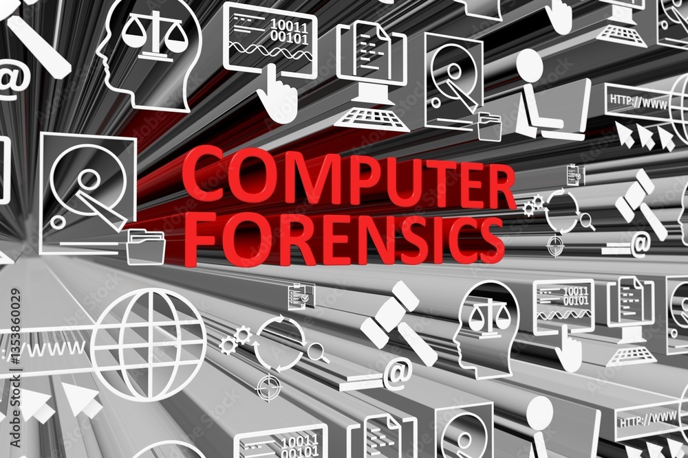 Poster computer forensics concept blurred background 3d render illustration