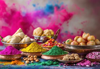 Vibrant Indian Festival Setup Featuring Colorful Spices, Traditional Sweets, and Decorative Elements in a Rich Cultural Background