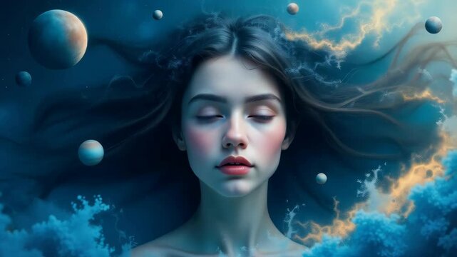Surreal composition featuring a dreaming young woman surrounded by stars, planets and galaxies. Dream and meditation concept.