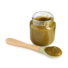 Baby food. Tasty puree in glass jar and spoon isolated on white