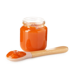 Baby food. Tasty puree in glass jar and spoon isolated on white