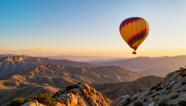 Colorful hot air balloon soaring over mountain landscape at sunset  