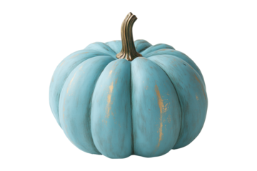 Blue Jarrahdale pumpkin with a green stem isolated on a white background, great for autumn themes and decorations