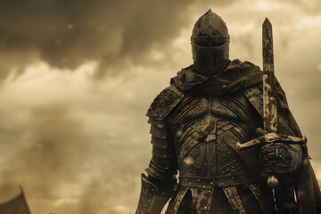 Naklejka premium Determined Warrior Amidst Battlefield, Ready for Combat with Gleaming Sword