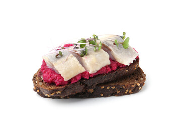 Tasty sandwich with herring and horseradish sauce on white background