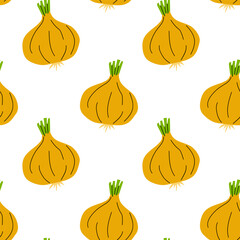 Vibrant design featuring repeating images of yellow onions with green sprouts against a white background