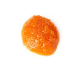 Baby food. Tasty puree on white background, top view