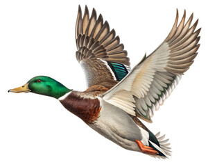 Obraz premium male mallard duck drake in flight isolated on white background, PNG.