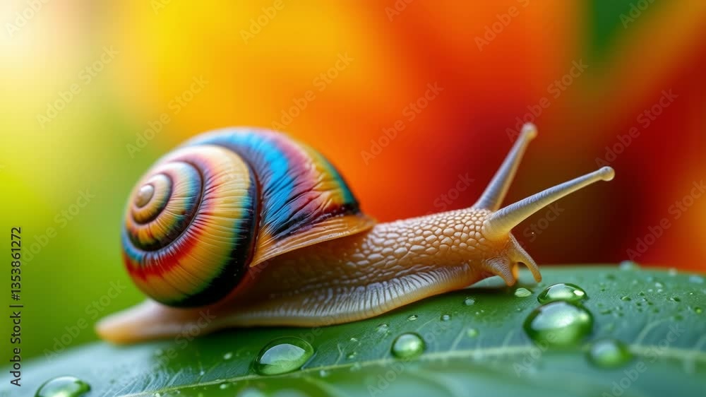 Poster close-up of a colorful snail on a dewy leaf with vibrant background blurring in natural light