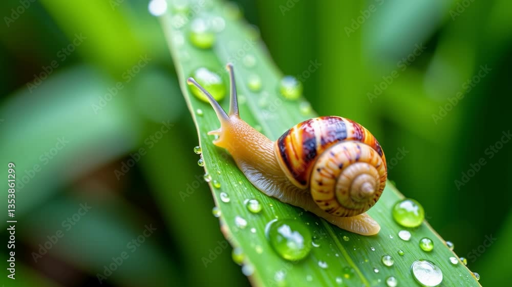 Aufkleber Close-Up of a Colorful Snail on a Dewy Leaf with Vibrant Background Blurring in Natural Light