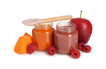 Baby food. Tasty puree in jars, spoon and ingredients on white background