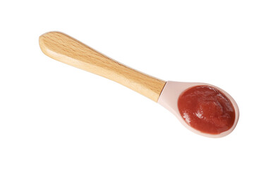 Baby food. Spoon with tasty puree in air on white background, top view