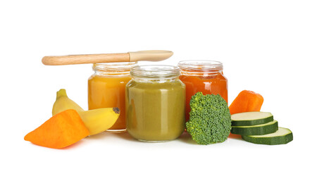 Baby food. Tasty puree in jars, spoon and ingredients on white background
