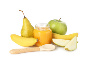 Baby food. Tasty puree in jar, spoon and ingredients on white background