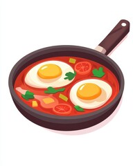 Two sunny-side-up eggs in a vibrant tomato sauce with vegetables in a skillet