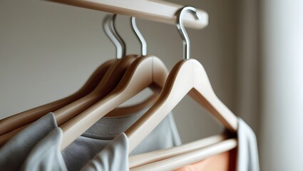 Hanger and Clothing: Minimalist composition features wooden clothes hangers hanging on a rack, with hints of clothing subtly displayed. Clean lines and warm tones evoke a sense of order and elegance