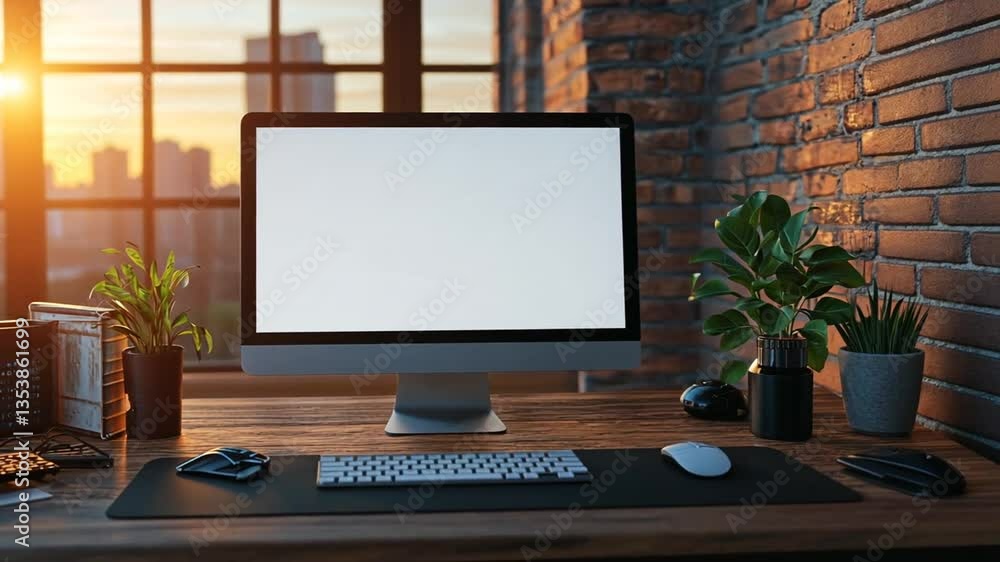 Poster modern workspace with blank screen mockup during sunset generative ai