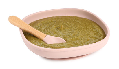Baby food. Tasty puree in bowl and spoon isolated on white