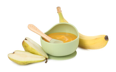 Baby food. Tasty puree in bowl, banana and pear isolated on white