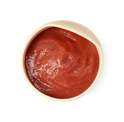 Baby food. Tasty puree in bowl isolated on white, top view