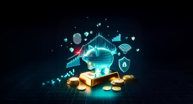 Holographic piggy bank on gold bars and coins, surrounded by glowing digital financial icons against a dark backdrop, depicting modern finance and technology.