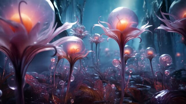 Strange dreamy ethereal flowers blooming on the moon or on an alien planet