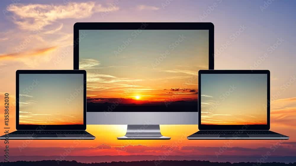 Aufkleber computer monitors and laptops with screen mockups at sunset generative ai