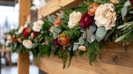 Rustic flower shop with natural decor Concept, Elegant rustic floral shop display showcasing dried flower garlands in various earthy tones with lush greenery
