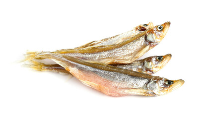 Dried salted smelt fish isolated on white