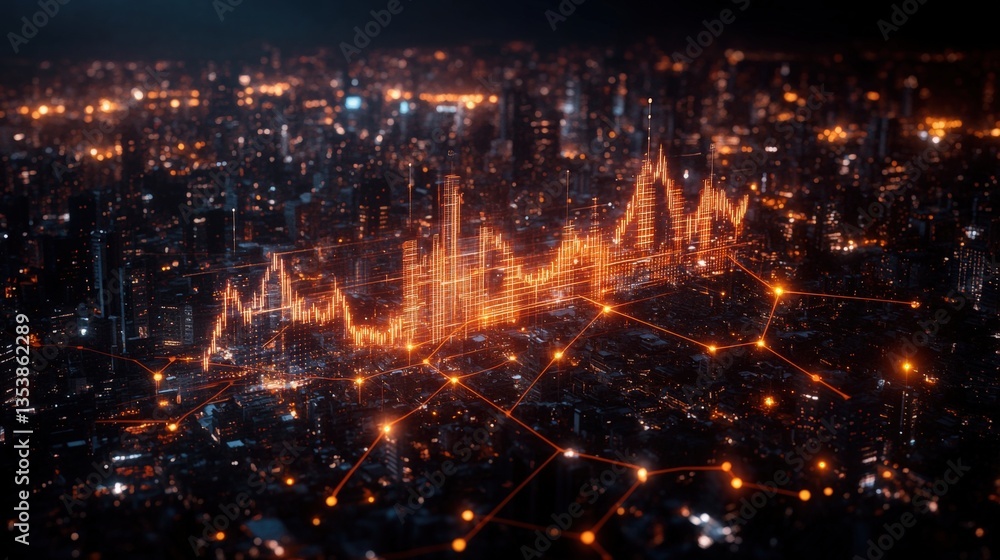 Poster aerial nighttime view of city with glowing orange lines and stock market graph pattern, representing