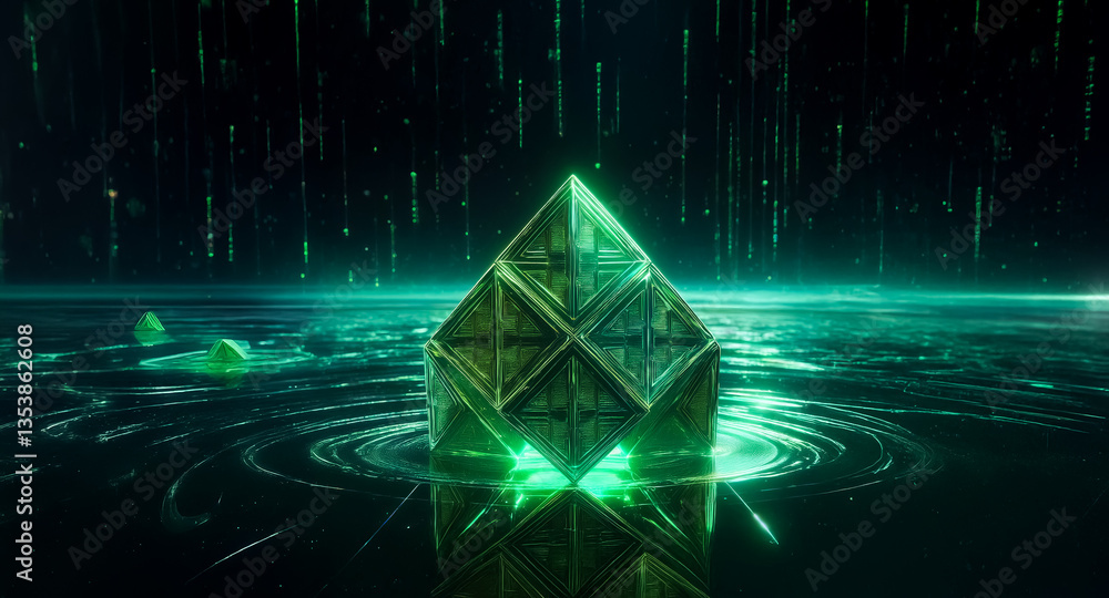 Poster a glowing green geometric cube structure stands centered against a dark backdrop with falling matrix