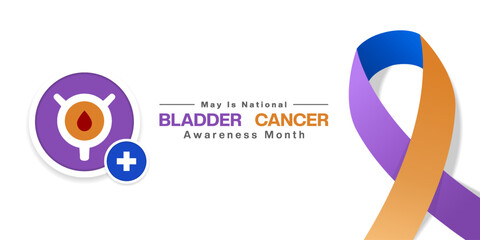 May is National Bladder Cancer Awareness Month. Bladder, plus icon and ribbon. Suitable for posters, banners, social media and more. White background.