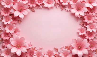 Obraz premium Floral Frame of Pink Flowers on Pink Background for Greetings