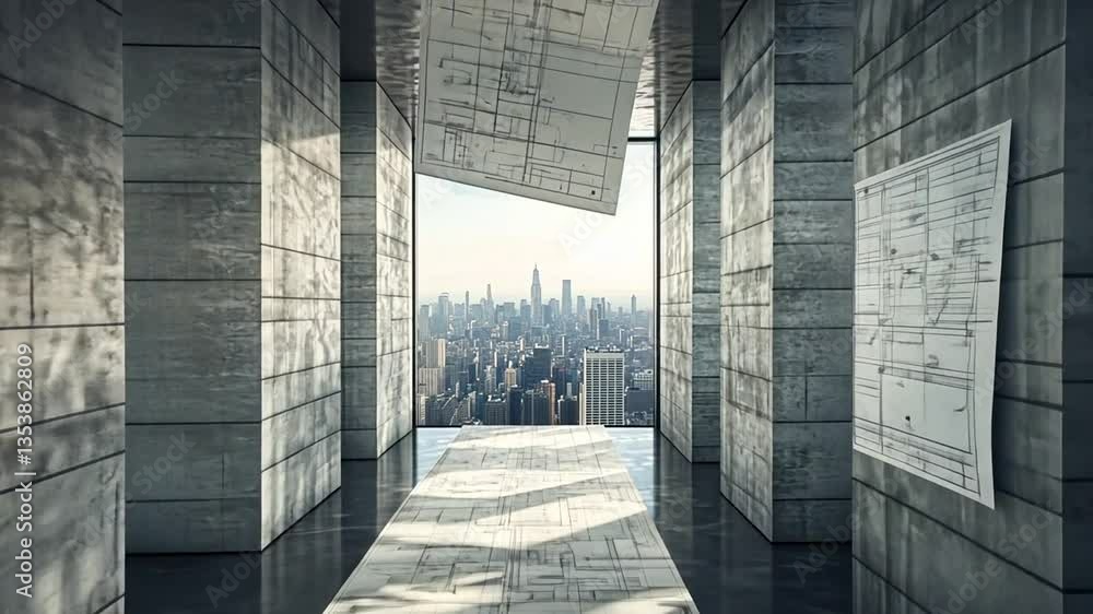 Poster construction design render showcasing blueprints and city views generative ai