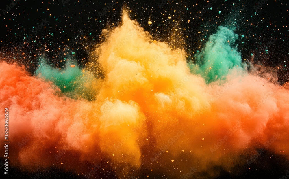 Poster vibrant multicolored smoke cloud erupting against dark background with stars, creating a cosmic atmo