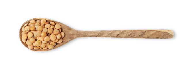Raw lentils in wooden spoon isolated on white, top view