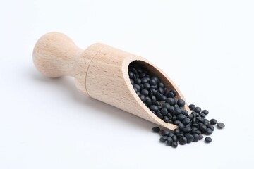 Raw lentils in wooden scoop isolated on white