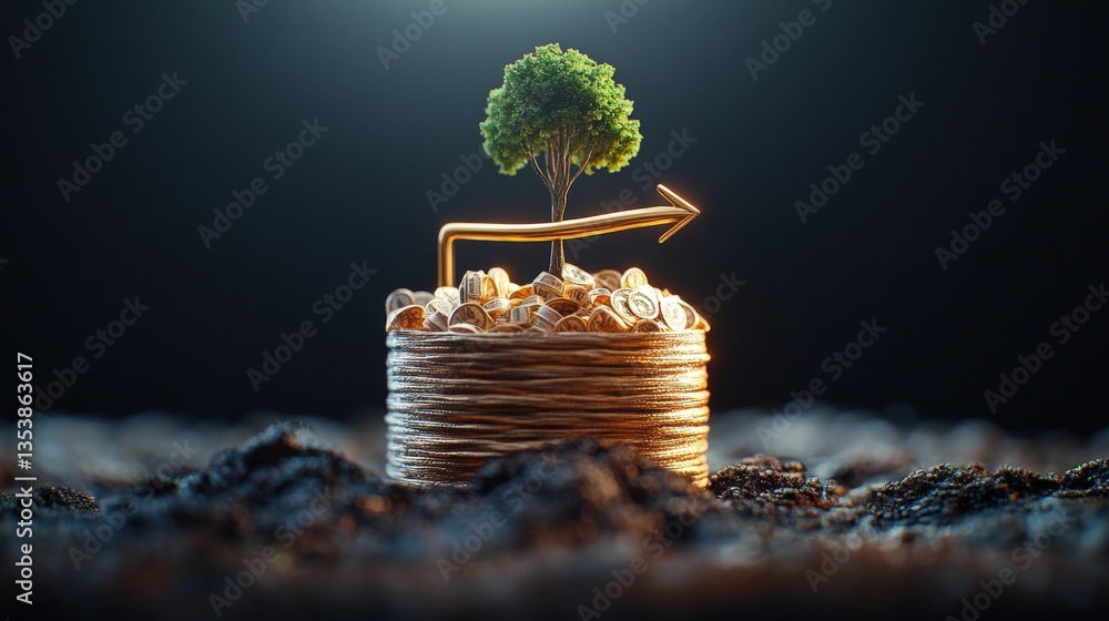Aufkleber a lush green tree sprouting from a stack of gold coins with a golden arrow pointing upward represent