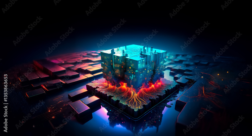 Aufkleber vibrant cube structure emits light on a dark surface, resembling a futuristic technological core. gl