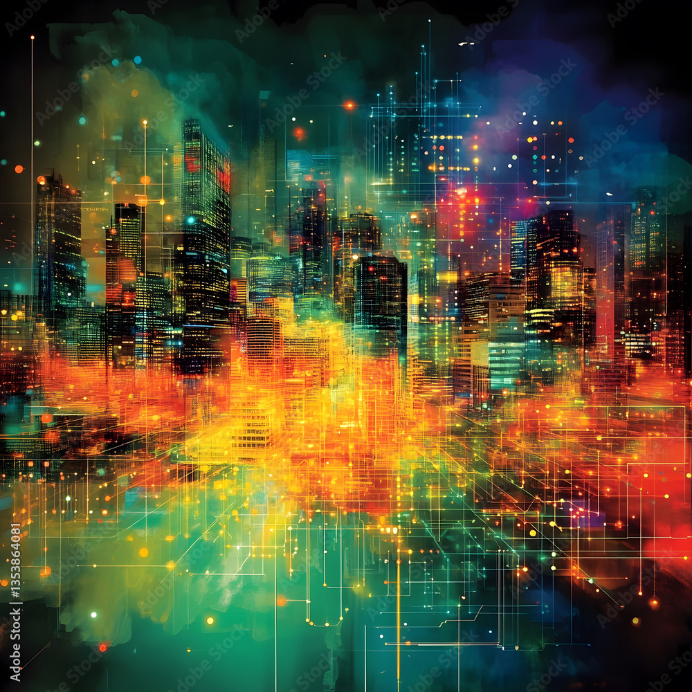 Poster a vibrant, abstract cityscape illuminated with bright colors, blending technology and urban architec
