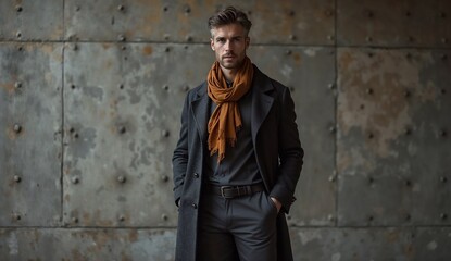 A stylish businessman in a deep charcoal gray overcoat with a burnt sienna scarf, standing against a textured concrete background, shot in a dramatic fashion editorial style.

