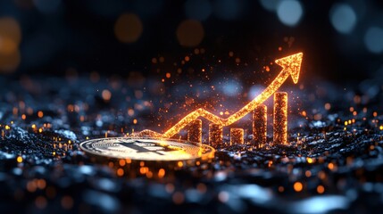 A glowing golden Bitcoin coin rests on a dark textured surface with an upward-trending graph of sparkling particles symbolizing cryptocurrency growth and wealth