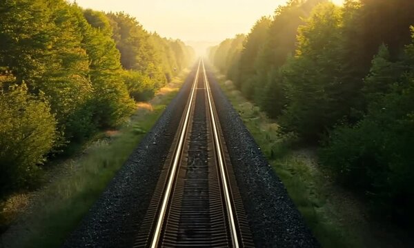 Railroad tracks leading into the sunrise with lush trees	