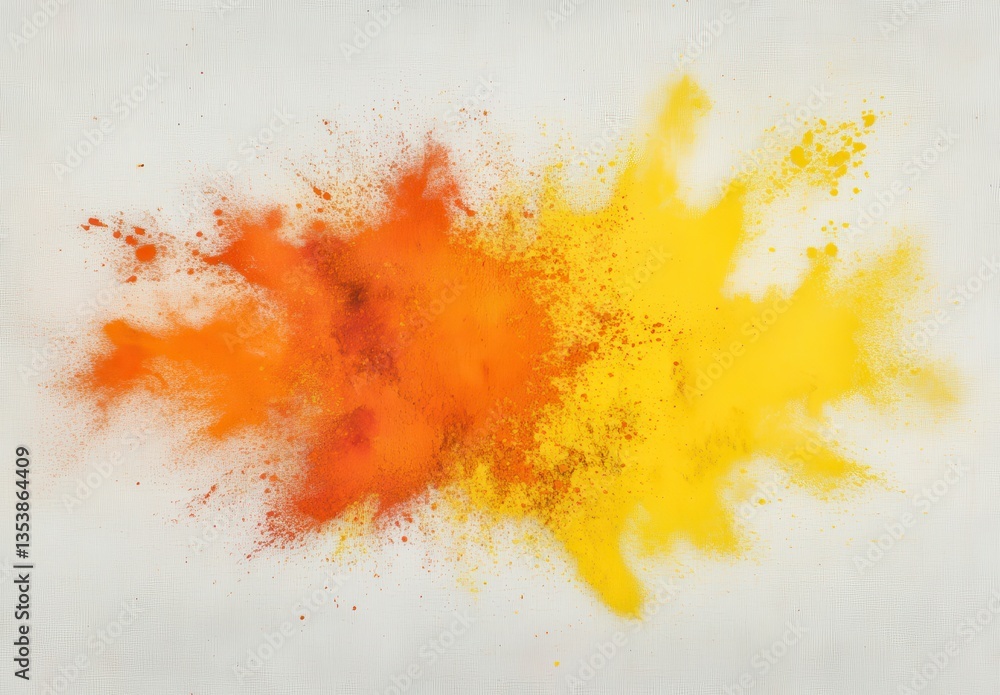 Poster vibrant orange and yellow powder explosion on white canvas background creating dynamic and energetic