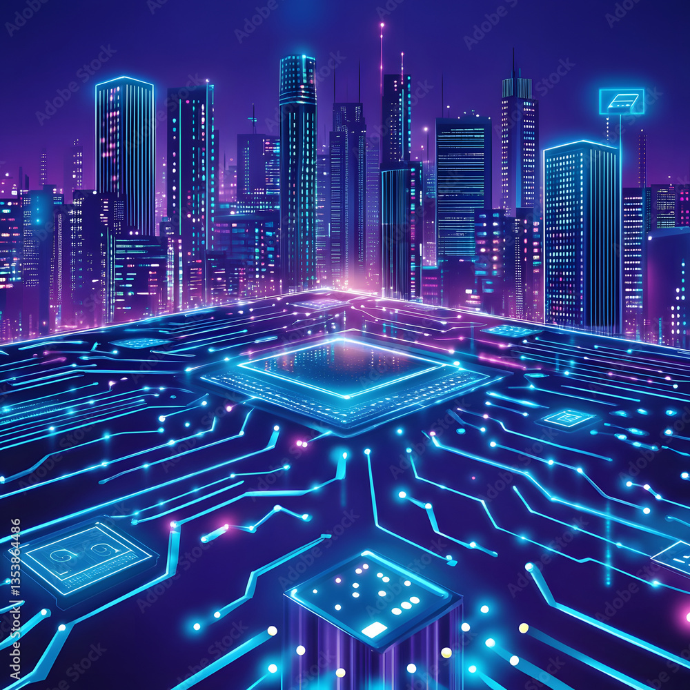 Poster A vibrant, futuristic cityscape featuring neon lights and circuit patterns, blending technology with urban architecture in a visually striking representation