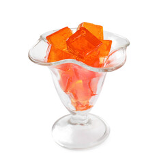 Tasty orange jelly cubes in dessert bowl isolated on white